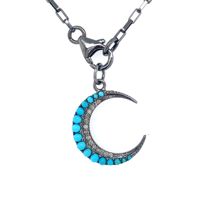 Turquoise & Diamond Crescent Moon Pendant