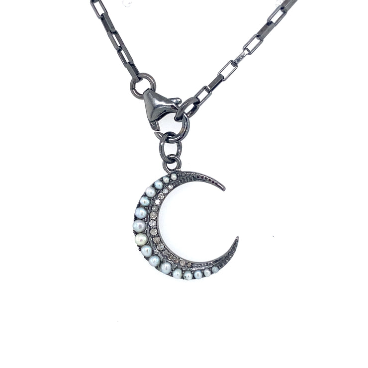 Pearl & Diamond Crescent Moon Pendant