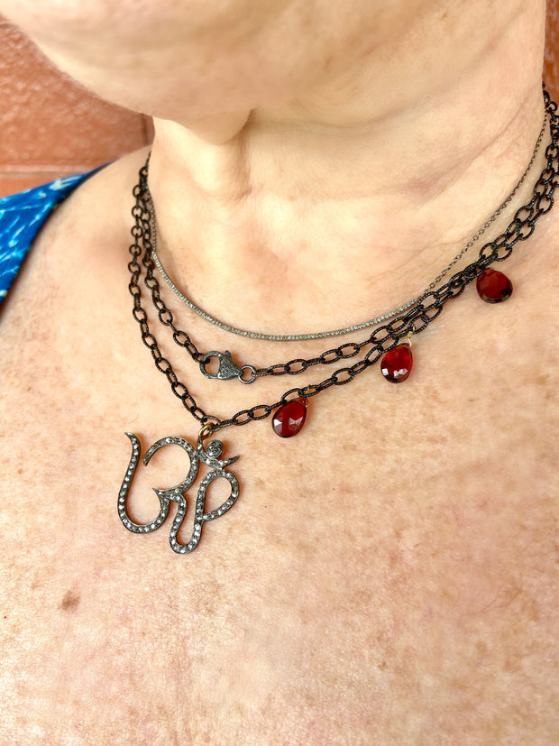 Oxidized "OHM" Necklace with Garnet Accents