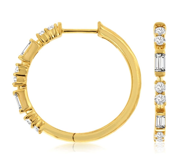14k yellow gold in and out diamond hinged hoop earrings