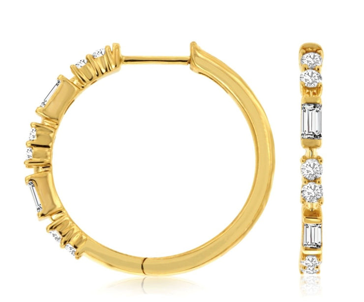 14k yellow gold in and out diamond hinged hoop earrings