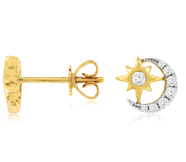 14k yellow gold with diamond accent moon and star post