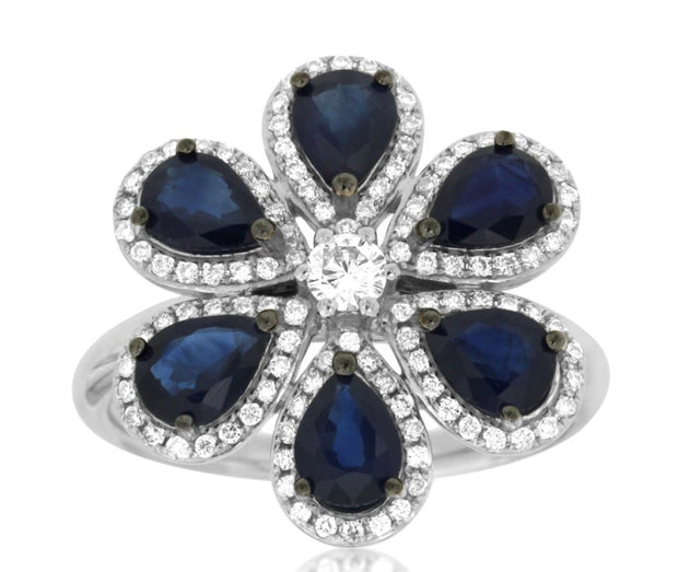 14k white gold flower blue sapphire and diamond ring
