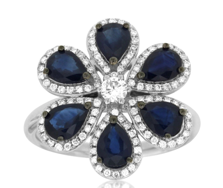 14k white gold flower blue sapphire and diamond ring