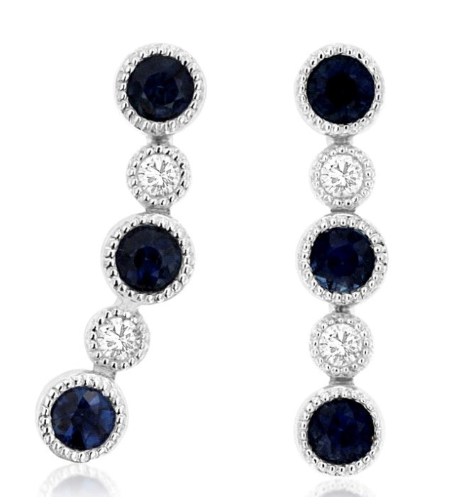 14k white gold sapphire .60ctw diamond .08ctw line drop earring