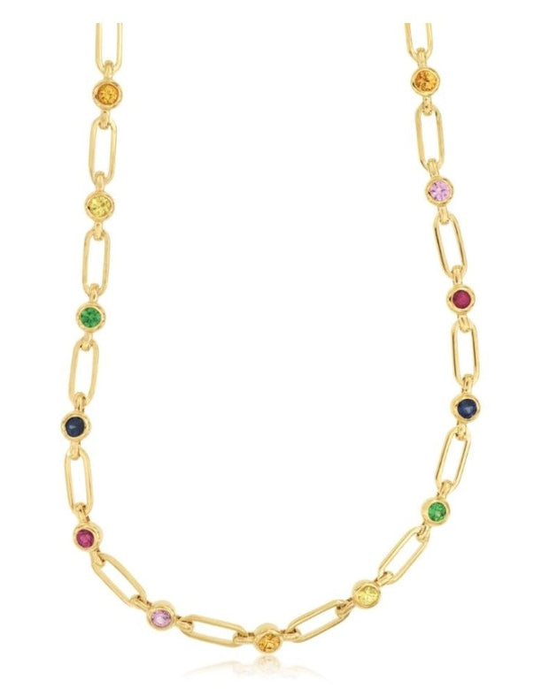 14k yellow gold open link chain with multi colored sapphires necklace