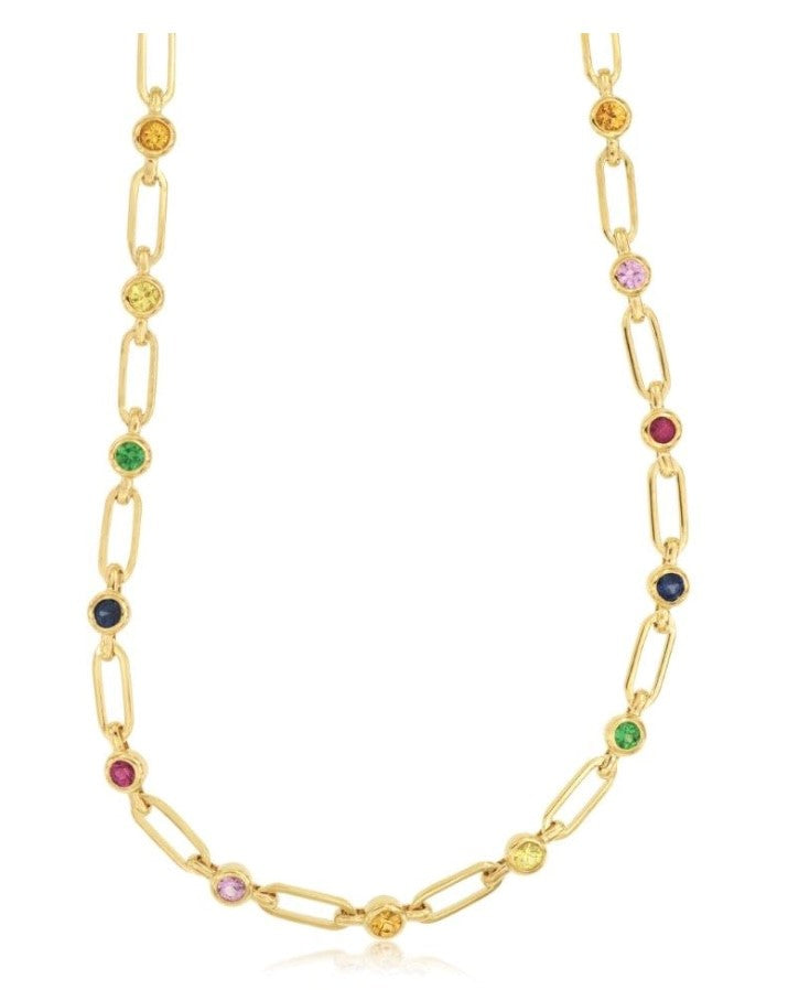 14k yellow gold open link chain with multi colored sapphires necklace