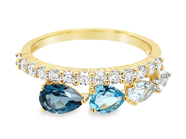14k yellow gold ombre blue topaz and diamond ring