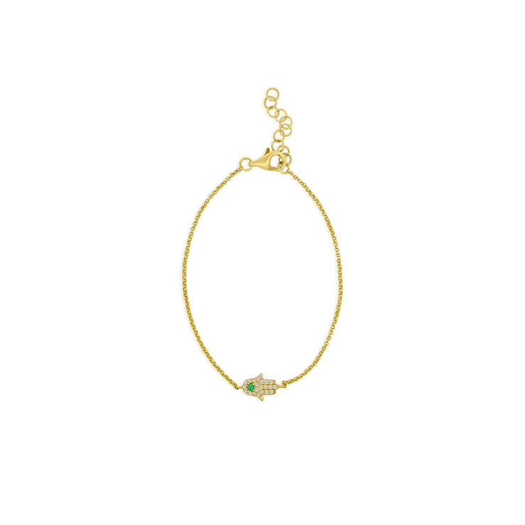 14k yellow gold diamond and emerald hamsa bracelet