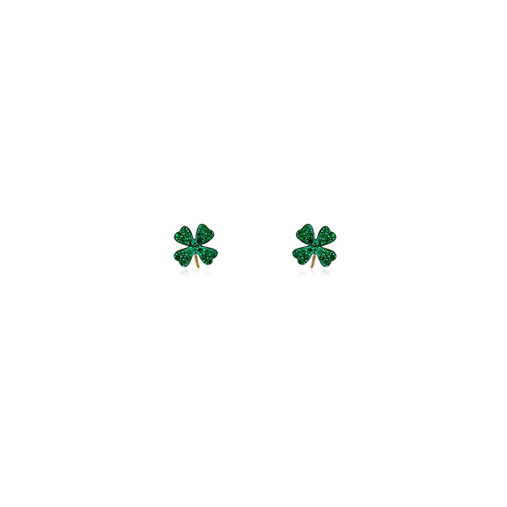 Emerald & Green Rhodium 4 Leaf Clover Studs