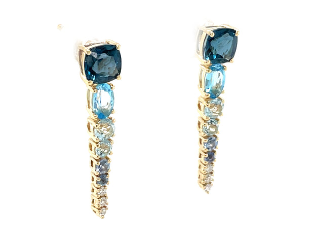 14k yellow gold ombre blue topaz and diamond drop earring