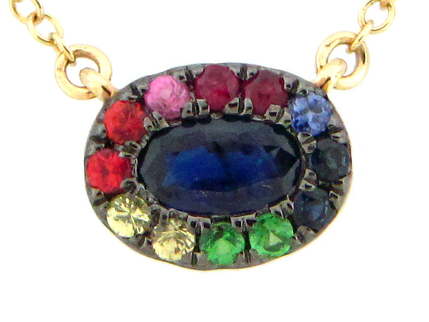14k yellow gold blue sapphire center and multi stone bezel 18"