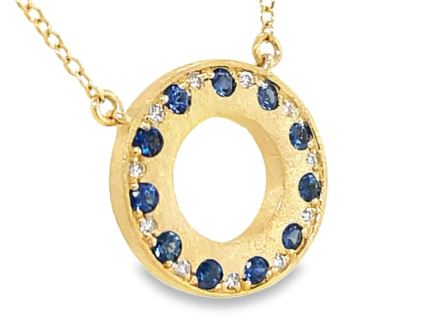 14k yellow gold blue sapphire and diamond circle necklace 16-18"