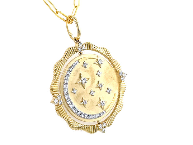 14k yellow gold reversible medallion diamond moon and stars necklace