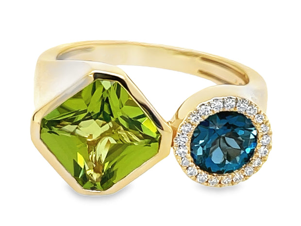 14k peridot, london blue topaz, and diamond ring siz 6.75