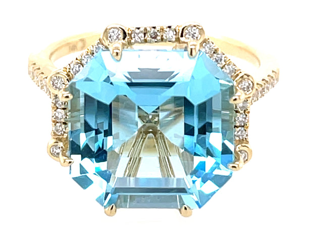 14k yellow gold asscher cut blue topaz with diamond bezel and shank