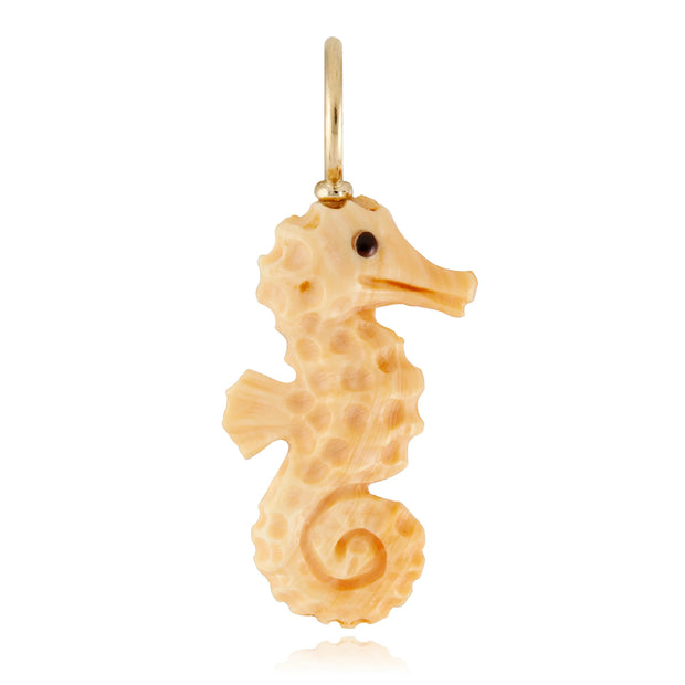 14k yellow gold carved apricot conch seahorse pendant by Maura Green