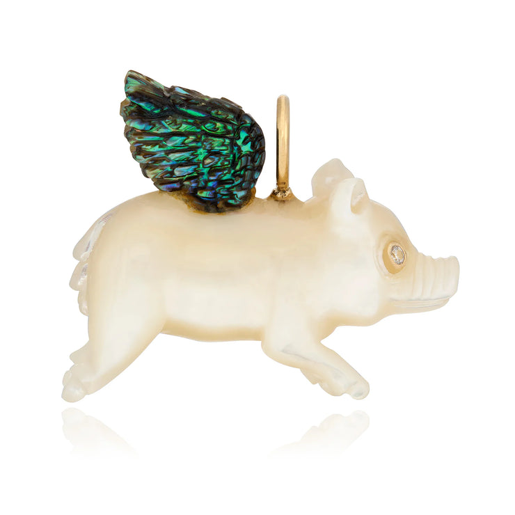 14k Yellow Gold accents flying pig pendant