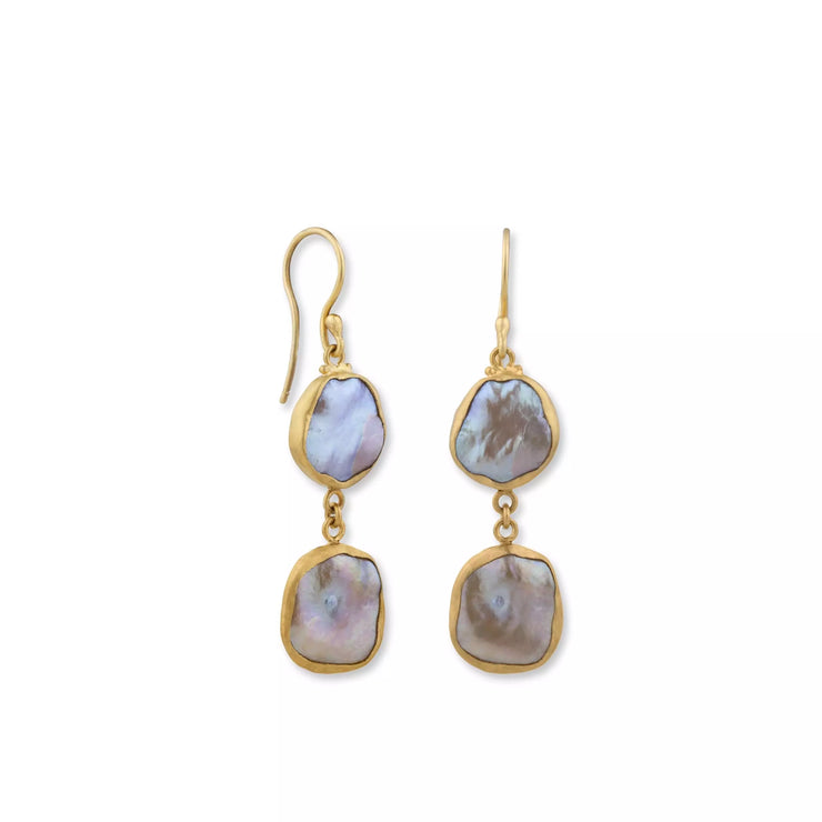 Lika Behar 24k yellow gold drop with 2 keshi pearls dangle earrings