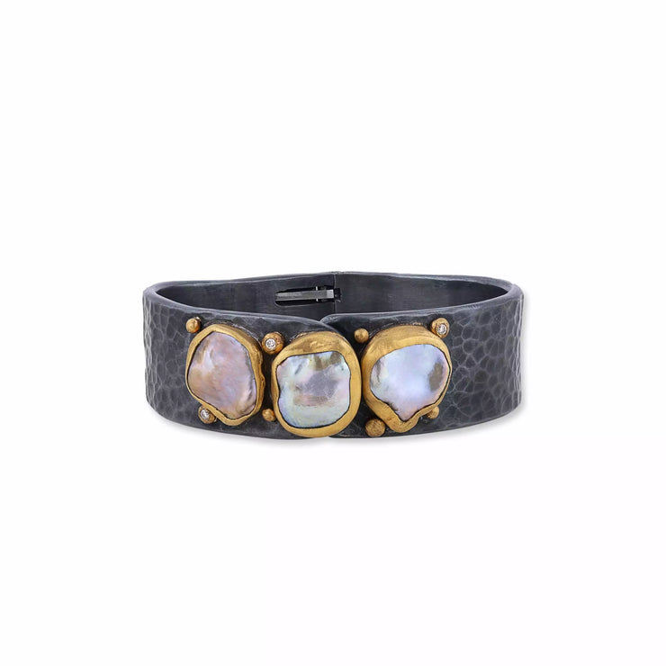 Lika Behar oxidized sterling silver 24k yellow gold 3 keshi pearl and diamonds hinged bangle
