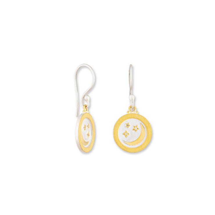 Sterling silver & 24k yellow gold crescent moon and stars dangle earrings by Lika Behar