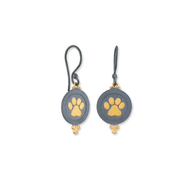 Lika Behar black rhodium finish Sterling silver disc with 24k yellow gold dog paw dangle earrings