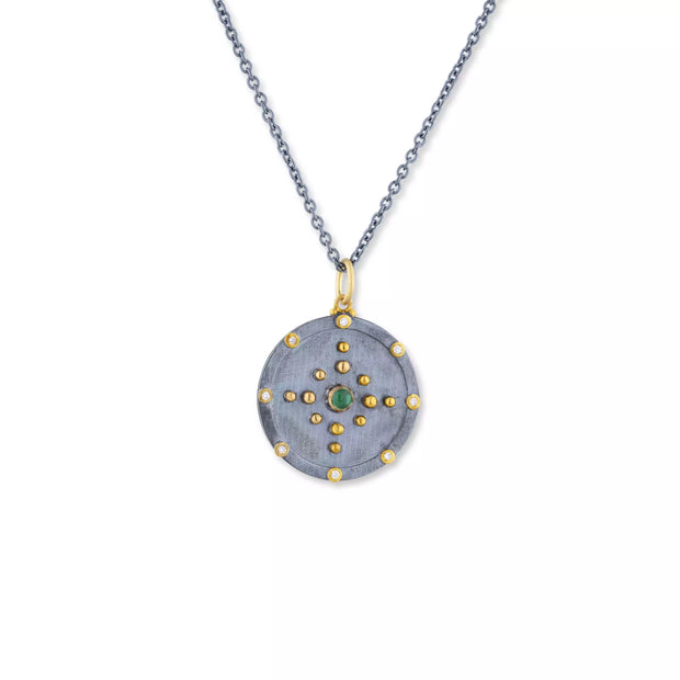 Lika Behar sterling silver and 24k yellow gold diamond & emerald compass medallion