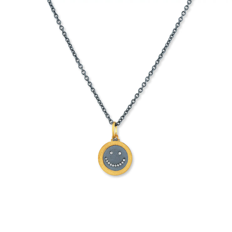 Lika Behar oxidized sterling silver 24k yellow gold diamond smiley face necklace
