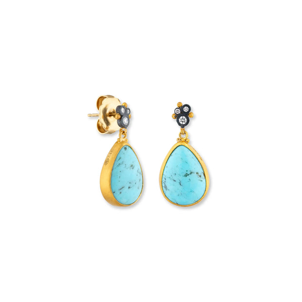 Lika Behar sterling silver oxidized 24k yellow gold diamond and turquoise dangle earrings
