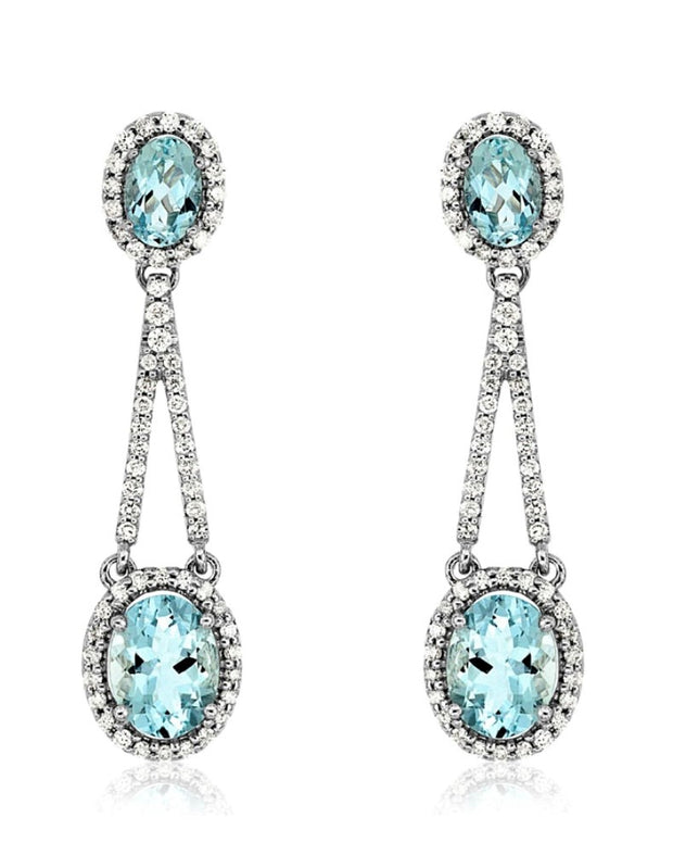 14k white gold diamond and aquamarine dangle earrings