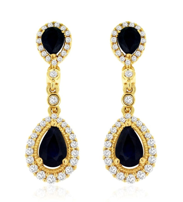 14k yellow gold blue sapphire and diamond dangle earrings