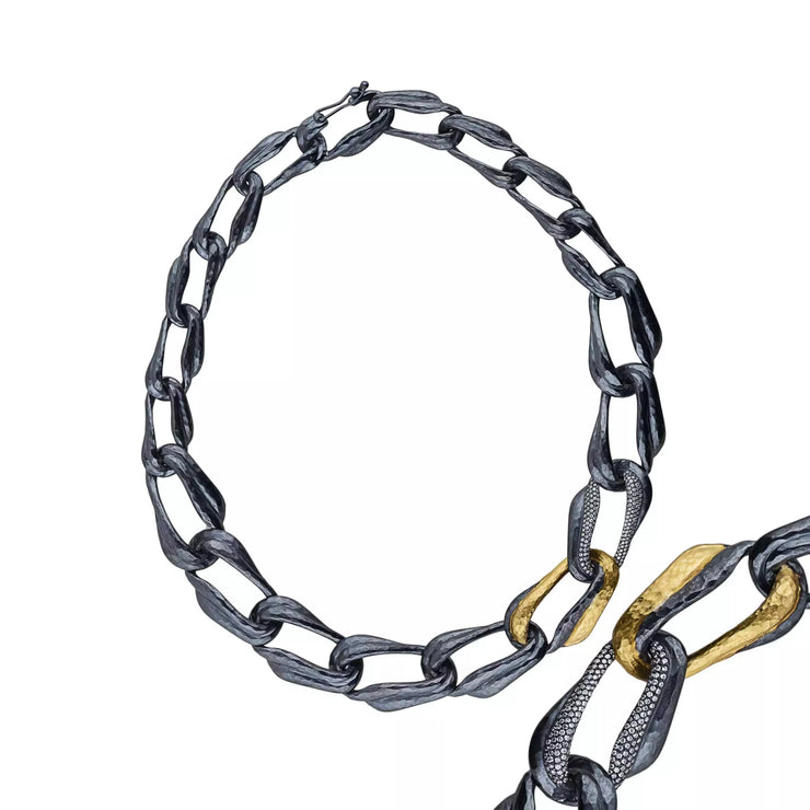 Lika Behar oxidized sterling silver with 24k yellow gold fused link and diamond link 19" necklace