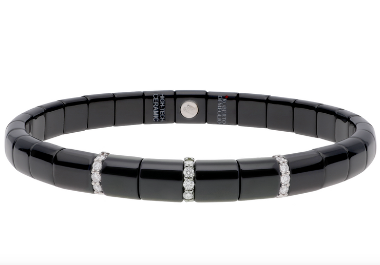 Matte Black Ceramic Triple Diamond Bar Stretch Bracelet