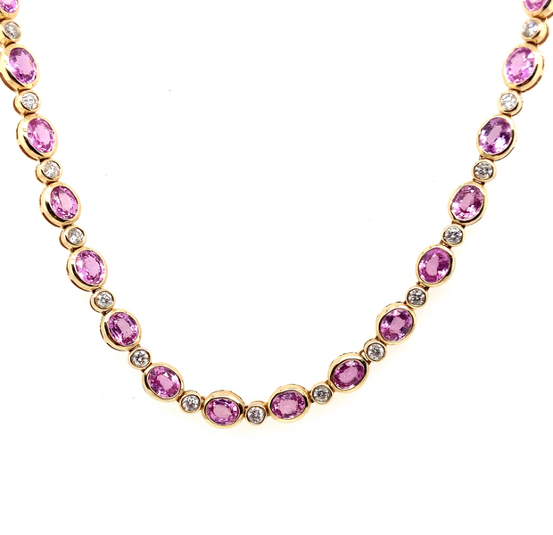 Bezel Set Pink Sapphire & Diamond Alternating Necklace