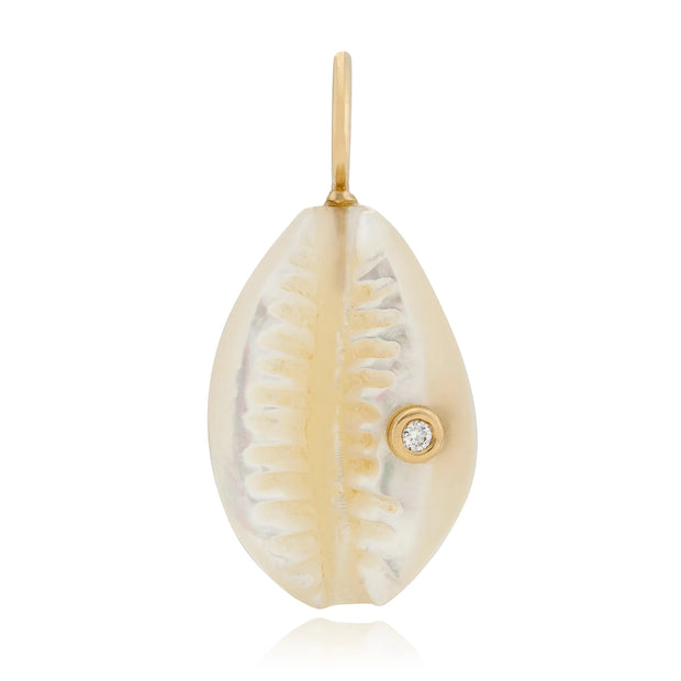 14k yellow gold Mother of Pearl cowrie shell with bezel set diamond pendant
