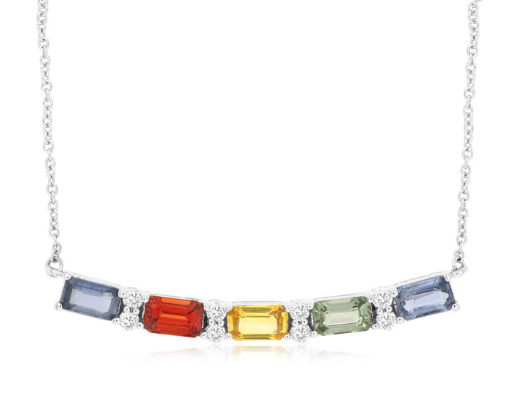 Emerald Cut Rainbow Sapphire Curved Bar Necklace