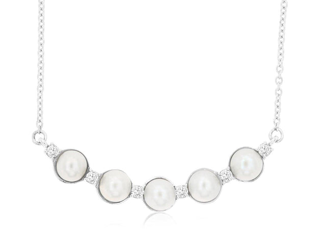 Alternating Diamond & Pearl Curved Bar Necklace