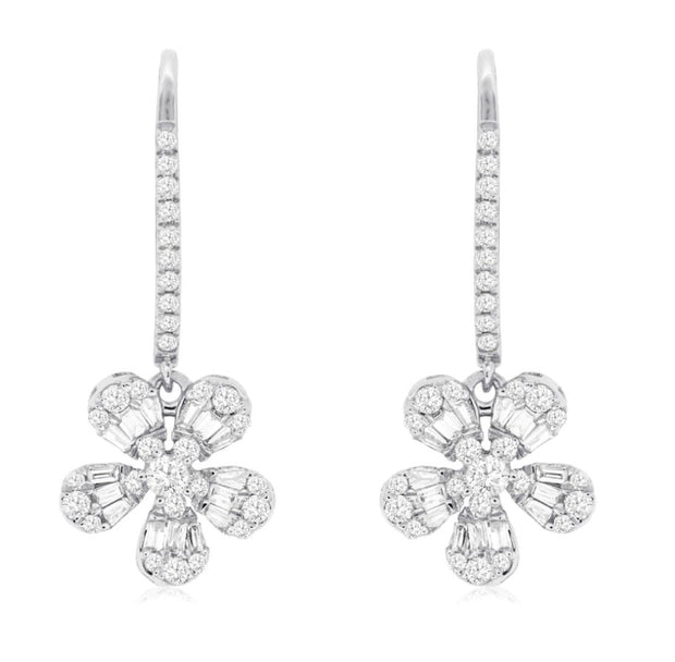 14k white gold diamond flower dangle earring