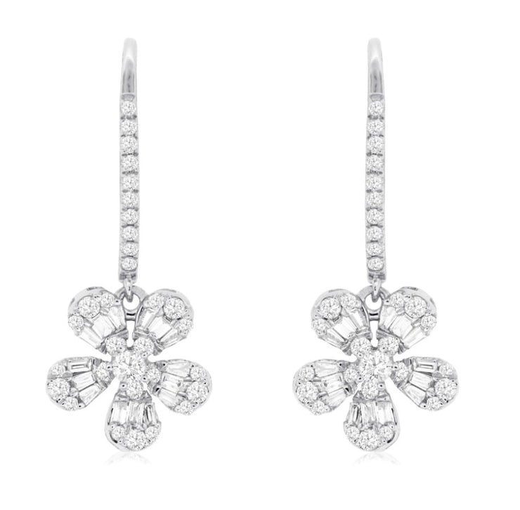 14k white gold diamond flower dangle earring