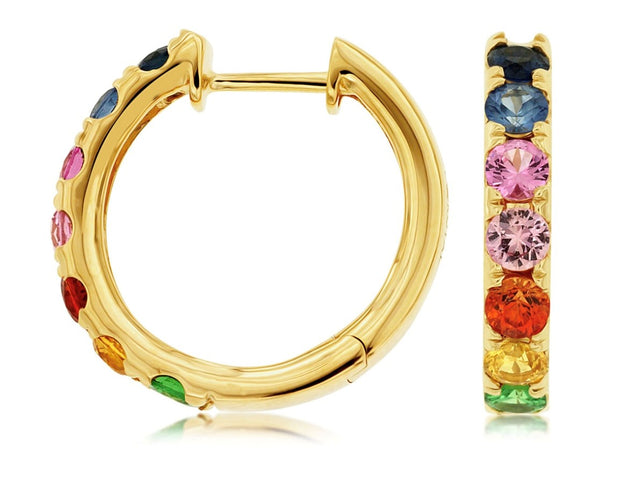 14k yellow gold multi colored stone huggy earring