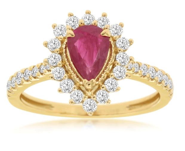 14k yellow gold pear shaped ruby with diamond bezel and shoulders