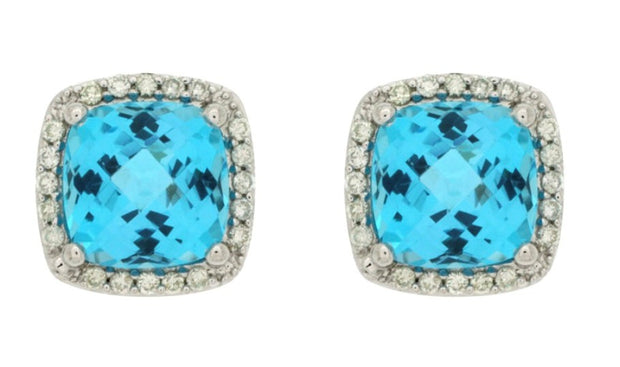 14k white gold blue topaz with diamond bezel post earrings