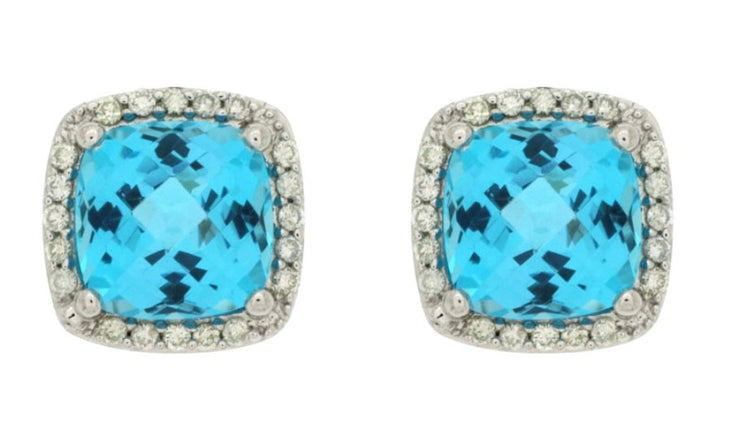 14k white gold blue topaz with diamond bezel post earrings