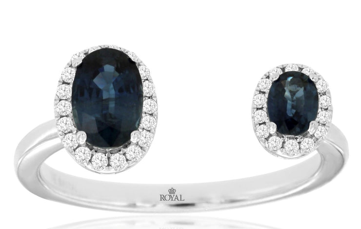 14k white gold open top blue sappire and diamond ring