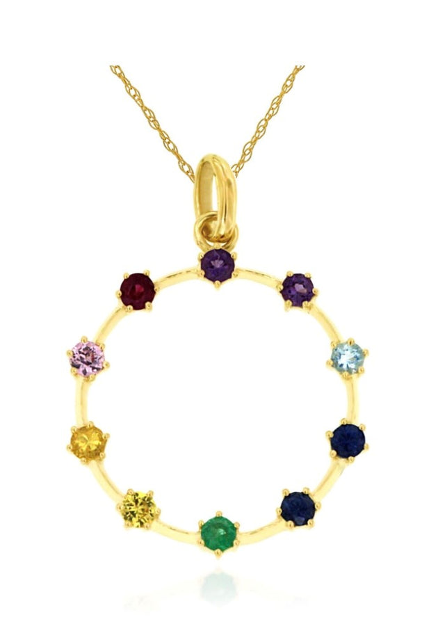 14k yellow gold multi color sapphire circle necklace