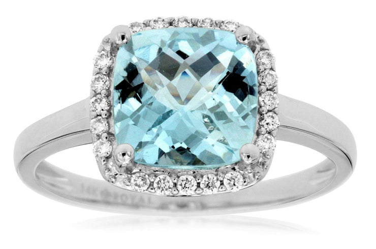 14k white gold cushion cut aquamarine and diamond ring