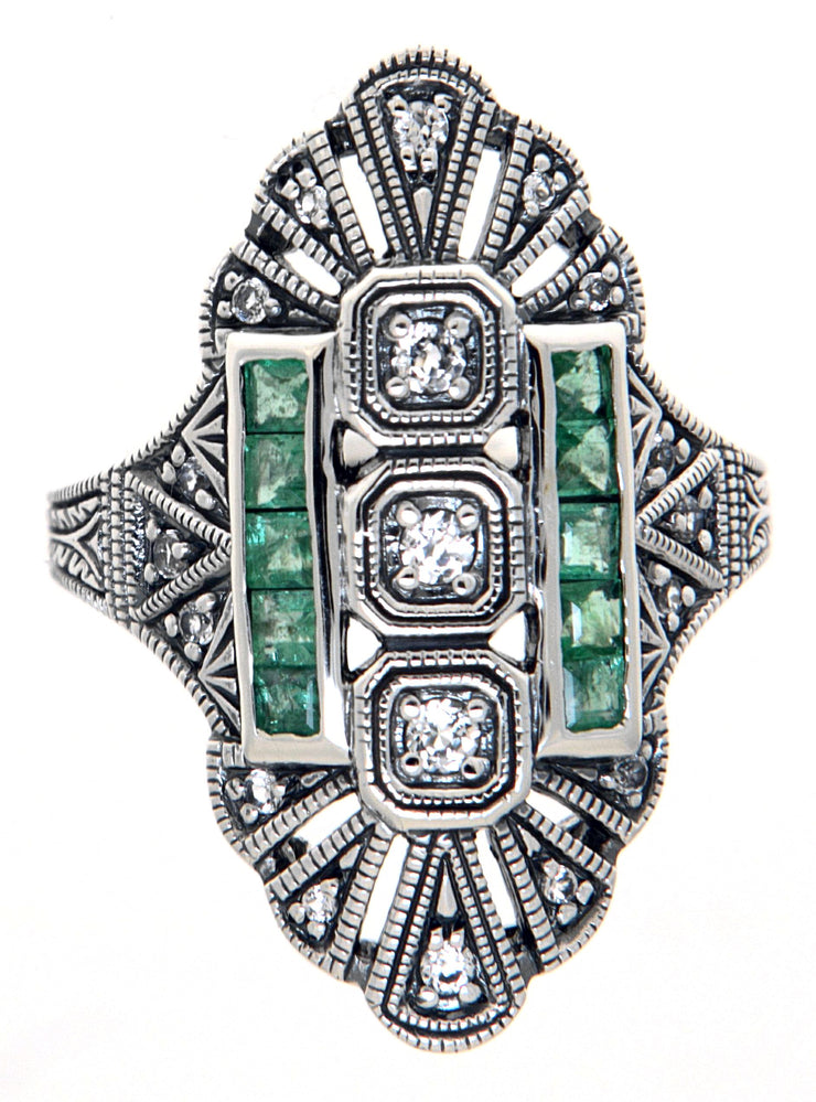 Art Deco Inspired Emerald & White Topaz Ring