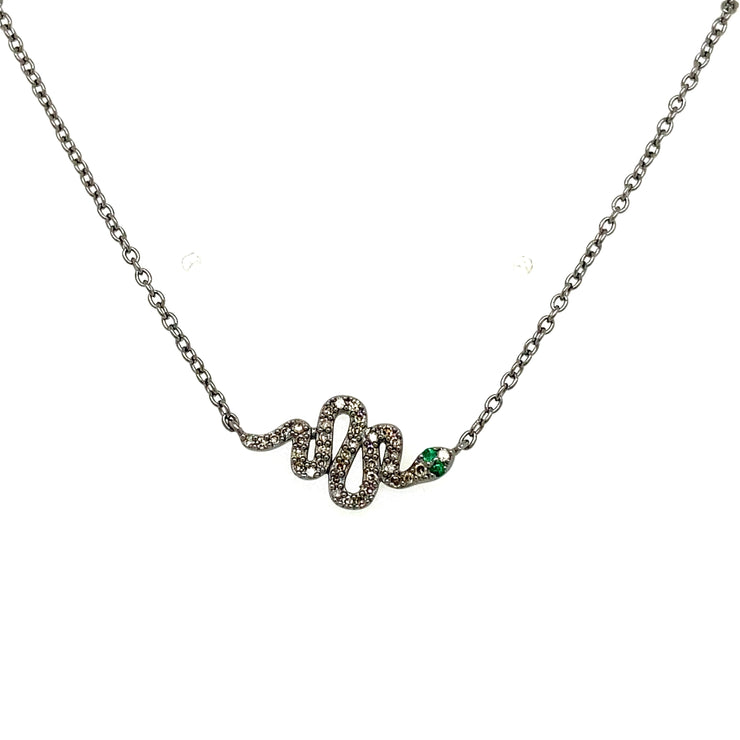 Petite Diamond Snake Necklace with Emerald Eyes