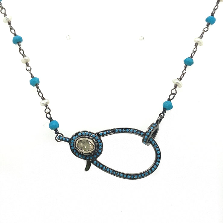 Turquoise & Pearl Necklace with a Turquoise & Diamond Clasp