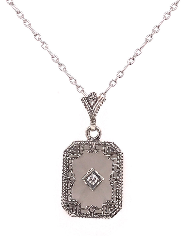 Art Deco Camphor Glass Diamond Center Filigree Necklace